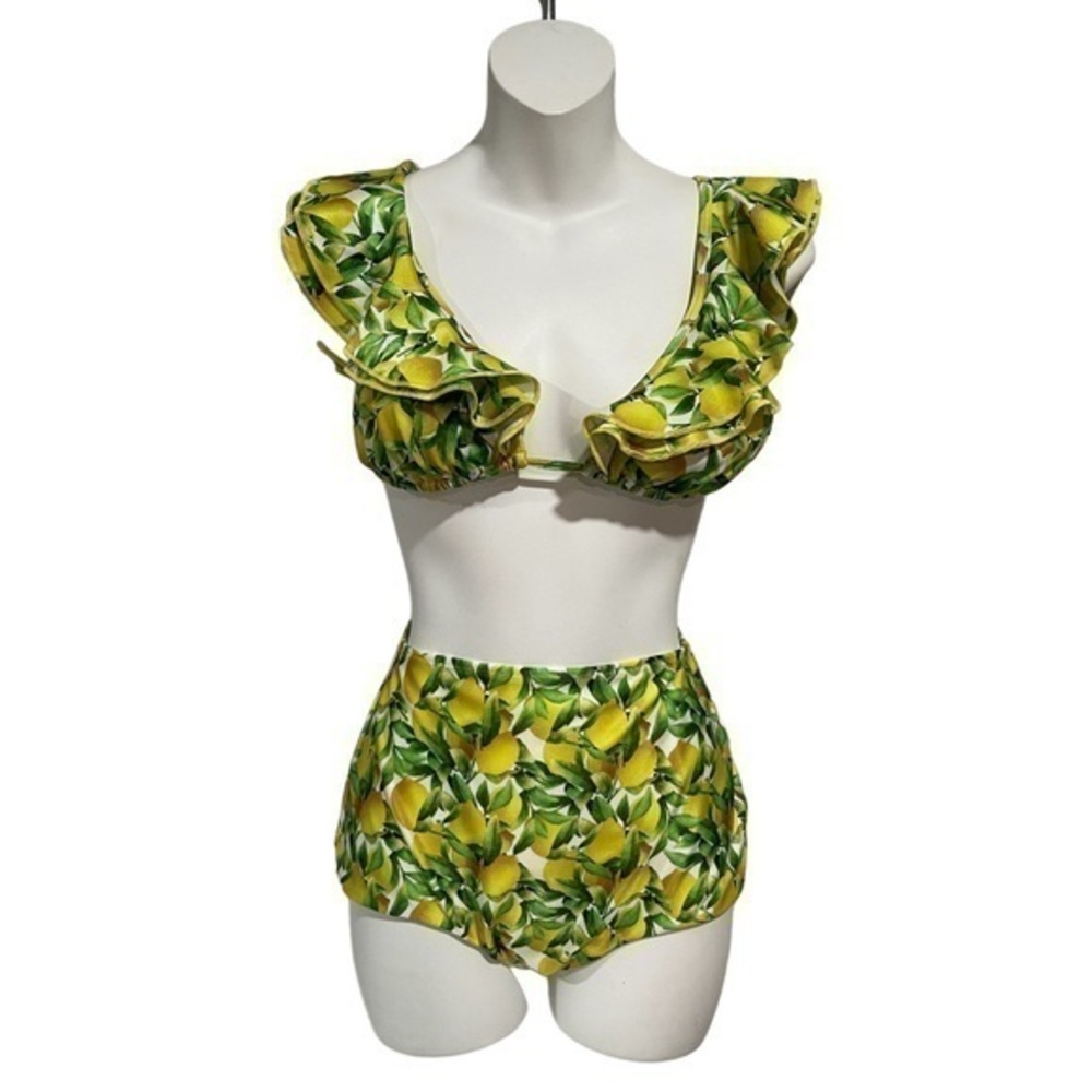 LINA MEDINA Vintage lemon print ruffled bikini set size medium